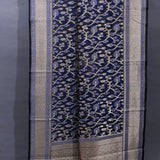 Navy Blue Banarasi Saree With Ikat-Style Geometric Weave & Floral Lattice Border