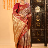 Elegant Metallic Red And Gold Kanjivaram Silk Saree With Woven Borders