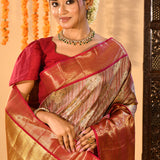 Elegant Metallic Red And Gold Kanjivaram Silk Saree With Woven Borders