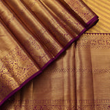 Gold And Purple Dual Tone Zari Stripe Pure Silk Kanjivaram Saree With Contrast Purple Heavy Woven Border
