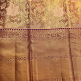 Gold And Purple Dual Tone Zari Stripe Pure Silk Kanjivaram Saree With Contrast Purple Heavy Woven Border