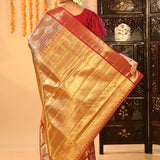 Elegant Metallic Red And Gold Kanjivaram Silk Saree With Woven Borders
