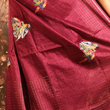 Maroon Checkered With Scattered Parrot Motif Designer Saree