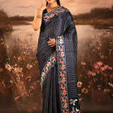 Navy Blue With Fine Checks And Embroidered Birds Motif Pallu Designer Saree