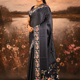 Navy Blue With Fine Checks And Embroidered Birds Motif Pallu Designer Saree