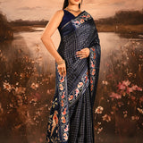 Navy Blue With Fine Checks And Embroidered Birds Motif Pallu Designer Saree