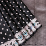 Black Kanjivaram Silk Saree With Silver Polka Dots And Multicolour Paisley Border