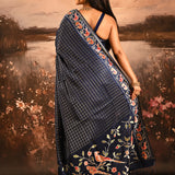 Navy Blue With Fine Checks And Embroidered Birds Motif Pallu Designer Saree
