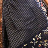 Navy Blue With Fine Checks And Embroidered Birds Motif Pallu Designer Saree