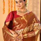 Red And Gold With All Over Zari Checks On Kanchipuram Silk Saree