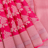 Bright Pink Kanjivaram Silk Saree With Antique Zari Floral Motif And Diamond Lattice Pallu