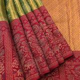 Sage Green And Red Gold Zari Floral Jaal Pure Silk Kanjivaram Saree With Contrast Red Pallu