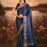 Navy Blue Dotted Weave With Rose And Leaf Motif Border Designer Saree