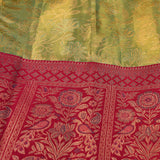 Sage Green And Red Gold Zari Floral Jaal Pure Silk Kanjivaram Saree With Contrast Red Pallu