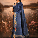 Navy Blue Dotted Weave With Rose And Leaf Motif Border Designer Saree