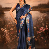 Navy Blue Dotted Weave With Rose And Leaf Motif Border Designer Saree