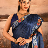 Navy Blue Dotted Weave With Rose And Leaf Motif Border Designer Saree