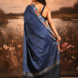 Navy Blue Dotted Weave With Rose And Leaf Motif Border Designer Saree