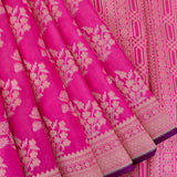 Bright Pink Kanjivaram Silk Saree With Gold Zari Floral Sprigs And Geometric Pallu