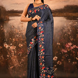 Navy Blue With Checks And Floral, Birds Motif Border Designer Saree