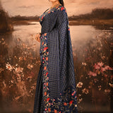 Navy Blue With Checks And Floral, Birds Motif Border Designer Saree