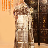 Sophisticated Metallic Mauve-Brown Kanjivaram Silk Saree With Circular Butti Motifs