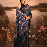 Navy Blue With Checks And Floral, Birds Motif Border Designer Saree