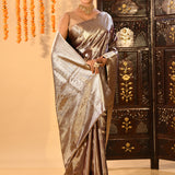 Sophisticated Metallic Mauve-Brown Kanjivaram Silk Saree With Circular Butti Motifs