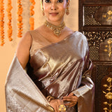 Sophisticated Metallic Mauve-Brown Kanjivaram Silk Saree With Circular Butti Motifs