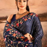 Navy Blue With Checks And Floral, Birds Motif Border Designer Saree
