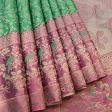Teal Green And Mauve Silver Zari Meenakari Bird Floral Jaal Pure Silk Kanjivaram Saree With Contrast Mauve Pallu