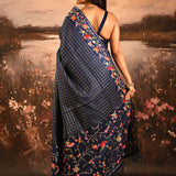 Navy Blue With Checks And Floral, Birds Motif Border Designer Saree