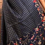 Navy Blue With Checks And Floral, Birds Motif Border Designer Saree