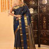 Regal Navy Blue With Checks And Butti On Kanjivaram Silk Saree