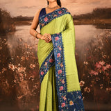 Lime Green With Striped And Navy Floral Border Embroidery Designer Saree