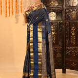 Regal Navy Blue With Checks And Butti On Kanjivaram Silk Saree