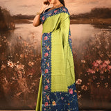 Lime Green With Striped And Navy Floral Border Embroidery Designer Saree