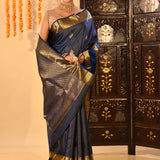 Regal Navy Blue With Checks And Butti On Kanjivaram Silk Saree