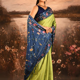 Lime Green With Striped And Navy Floral Border Embroidery Designer Saree