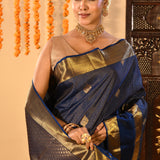 Regal Navy Blue With Checks And Butti On Kanjivaram Silk Saree