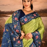 Lime Green With Striped And Navy Floral Border Embroidery Designer Saree