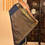 Regal Navy Blue With Checks And Butti On Kanjivaram Silk Saree