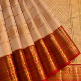 Classic Beige And Red Checkered Kanjivaram Silk Saree With Ornate Bird Buttas