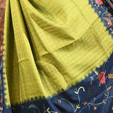 Lime Green With Striped And Navy Floral Border Embroidery Designer Saree