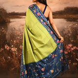 Lime Green With Striped And Navy Floral Border Embroidery Designer Saree