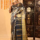 Silver Blue Floral Jaal Kanjivaram Tissue Saree With Blue Border
