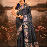 Navy Blue Checkered With Multicolor Floral Motif Border Designer Saree