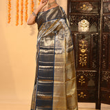 Silver Blue Floral Jaal Kanjivaram Tissue Saree With Blue Border