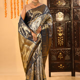 Silver Blue Floral Jaal Kanjivaram Tissue Saree With Blue Border