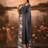 Navy Blue Checkered With Multicolor Floral Motif Border Designer Saree